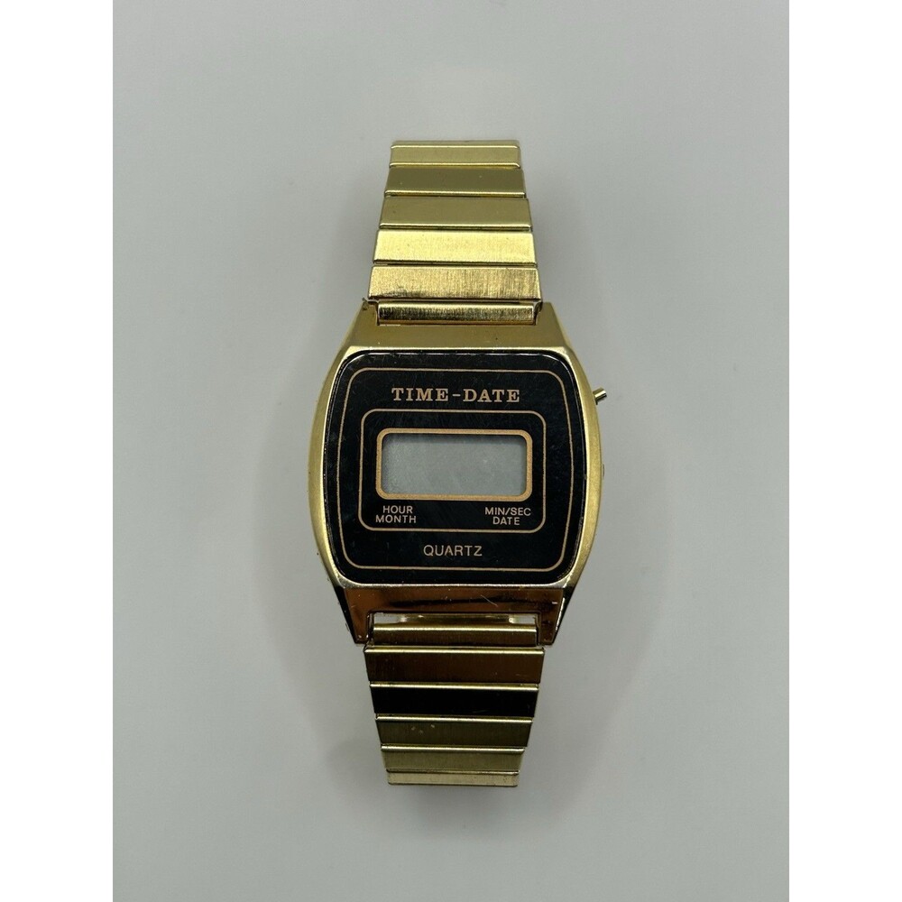 Vintage Digital Time Date Quartz Watch Gold Tone Stretch Band Retro Unisex